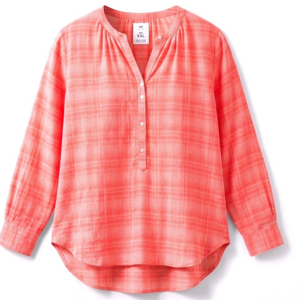 Old Navy Womens XXL Coral Plaid Cotton Gauze Henley Cottagecore Tunic Long Slv